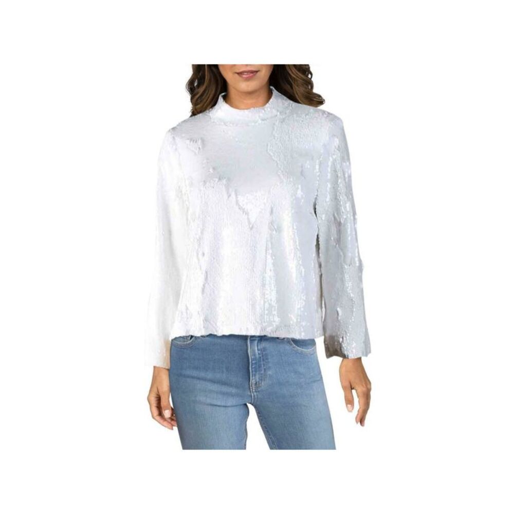 NWT NOTES Womens White Sequined Mock Neck Long Sleeve Sweatshirt Size: 40